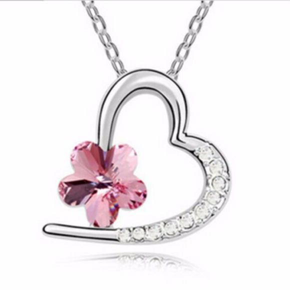 Jewelry - Silver Plated Pink Crystal Pendant Heart Charm